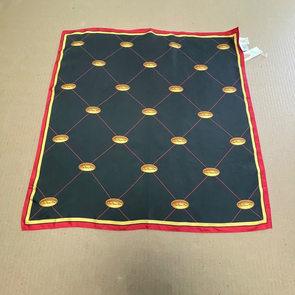 Vintage Talbots Scarf 100% Silk Black Gold Red LOGO Signature Pattern 21"x21 NWT